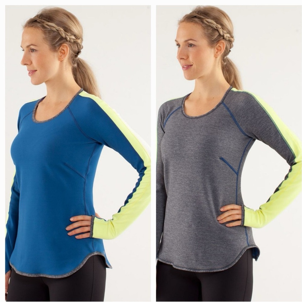 Lululemon Runder Under Reversible Long Sleeve Top in Blue, Grey, & Yellow